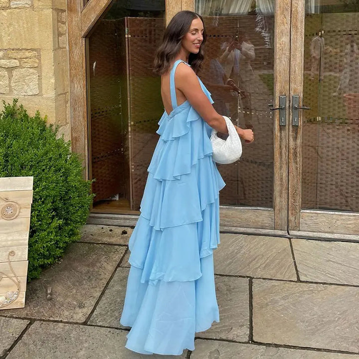 AURORI – Layered Ruffle Halter Maxi Dress