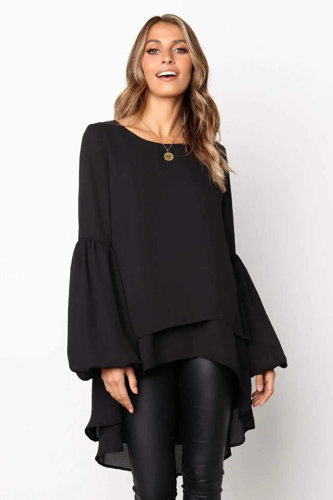 NYRA – Asymmetrical Lantern Sleeve Peplum Blouse