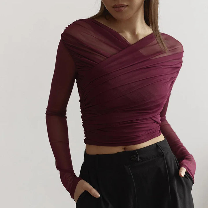 SYLVIA - Sheer Mesh Ruched Long Sleeve Top