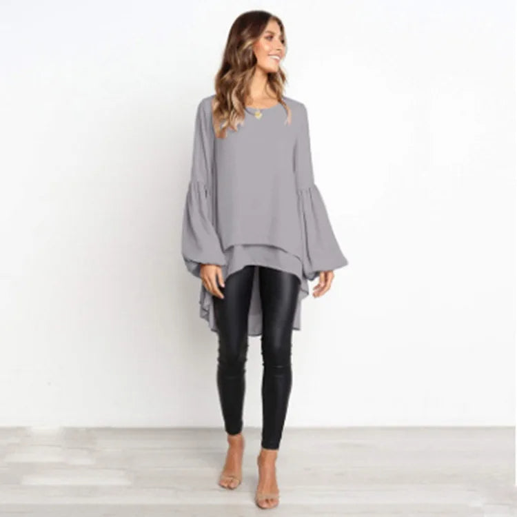 NYRA – Asymmetrical Lantern Sleeve Peplum Blouse