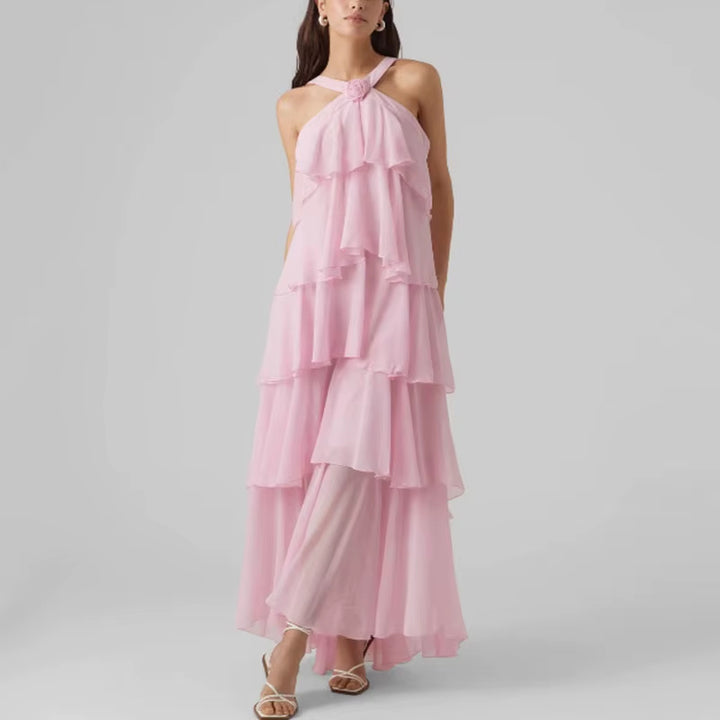 AURORI – Layered Ruffle Halter Maxi Dress