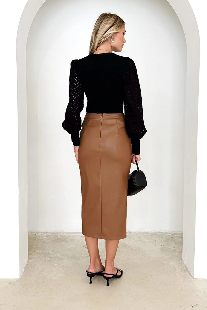 NORA - Vegan Leather Wrap Midi Skirt