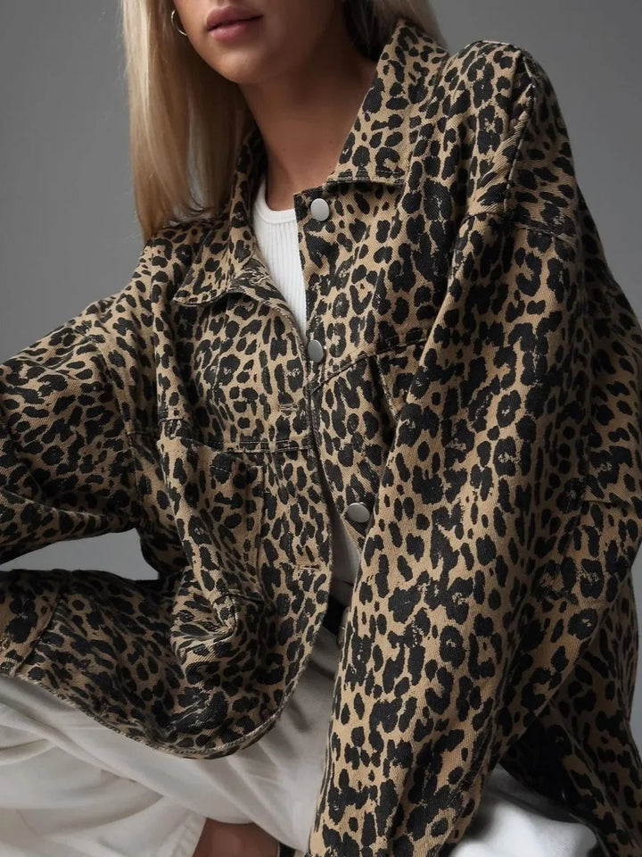 MIMI - Women's Leopard Print Relaxed Fit Denim Jacket