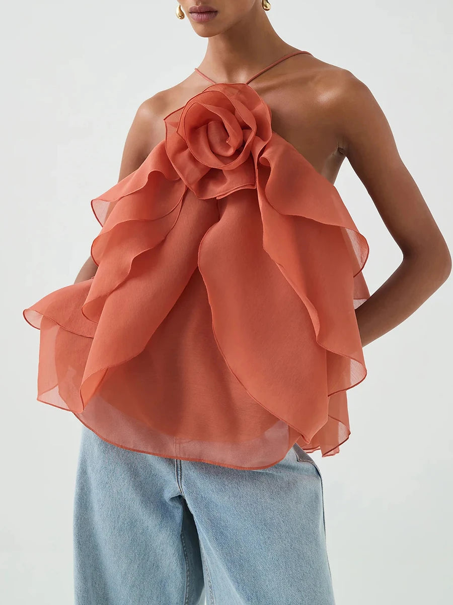 AMELIA – Layered Ruffle Rose Halter Top