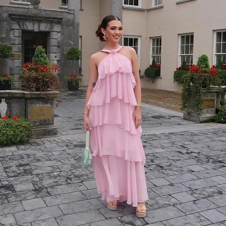 AURORI – Layered Ruffle Halter Maxi Dress