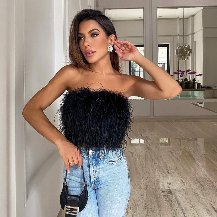 OLIVIAM – Off-Shoulder Feather Accent Top