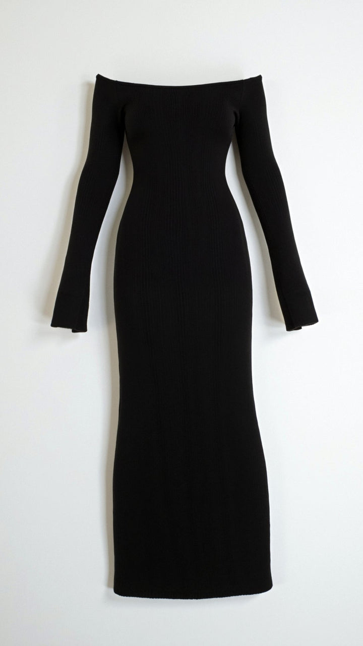 YUA - Elegant Off-Shoulder Ribbed Bodycon Maxi Dress
