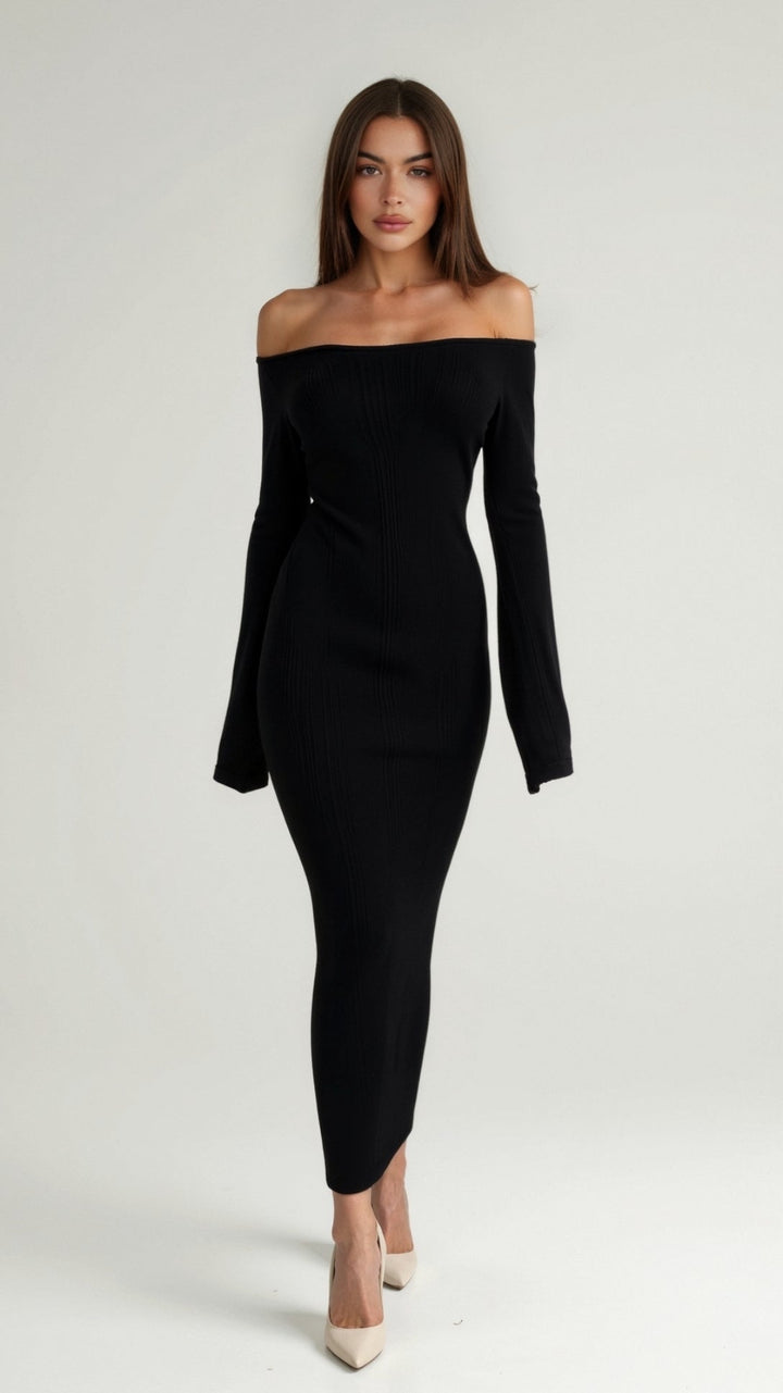 YUA - Elegant Off-Shoulder Ribbed Bodycon Maxi Dress