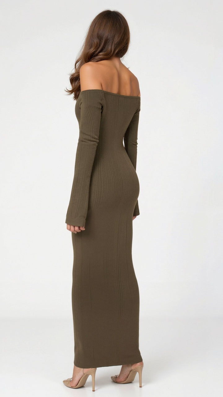 YUA - Elegant Off-Shoulder Ribbed Bodycon Maxi Dress