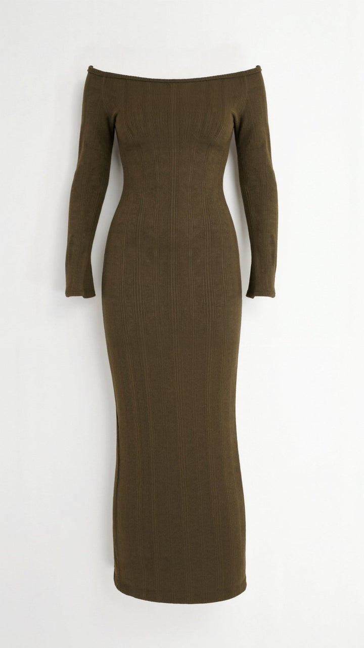 YUA - Elegant Off-Shoulder Ribbed Bodycon Maxi Dress