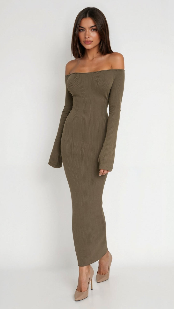 YUA - Elegant Off-Shoulder Ribbed Bodycon Maxi Dress