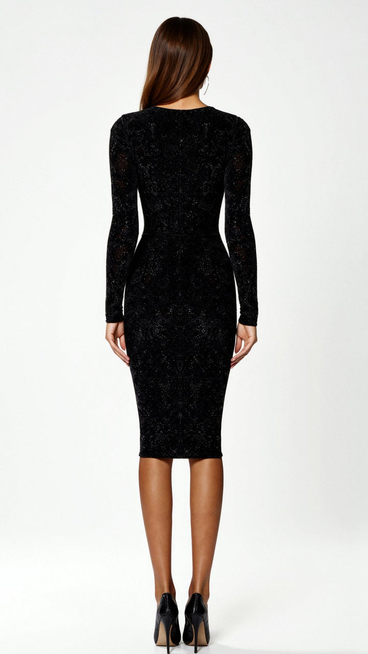 KYARA - Glitter Fitted Long-Sleeve Midi Dress